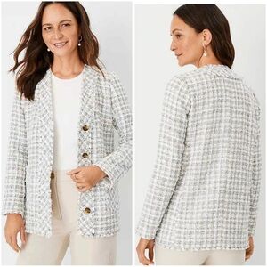 Ann Taylor Petite Fringe White Tweed Boucle Woven Cardigan Blazer Size 4P